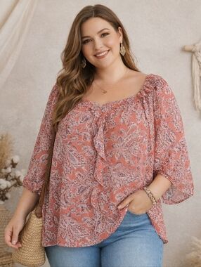 Cato coral paisley blouse womens 26/28W boho flowy peasant top
